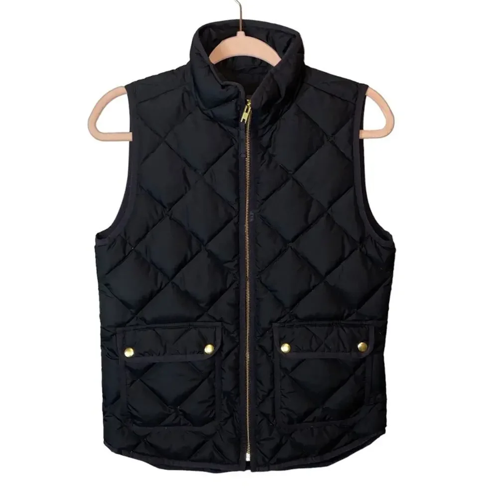 J.Crew Black Diamond Down Quilted Puffer Vest XS Gold Snap Zip Front